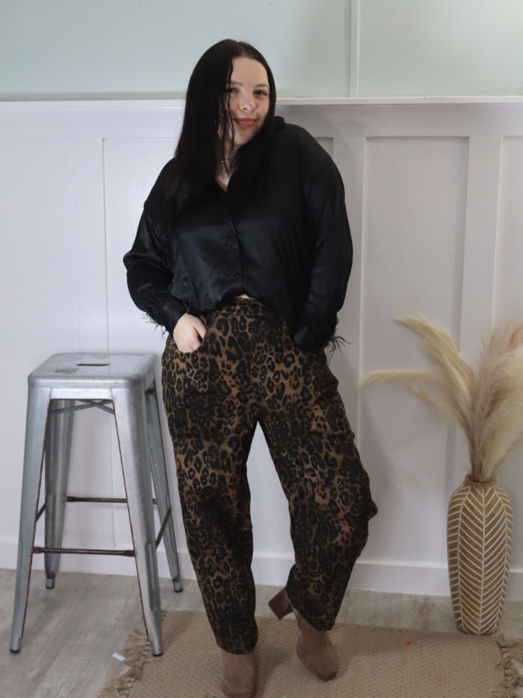 Leopard Barrel Leg Pants